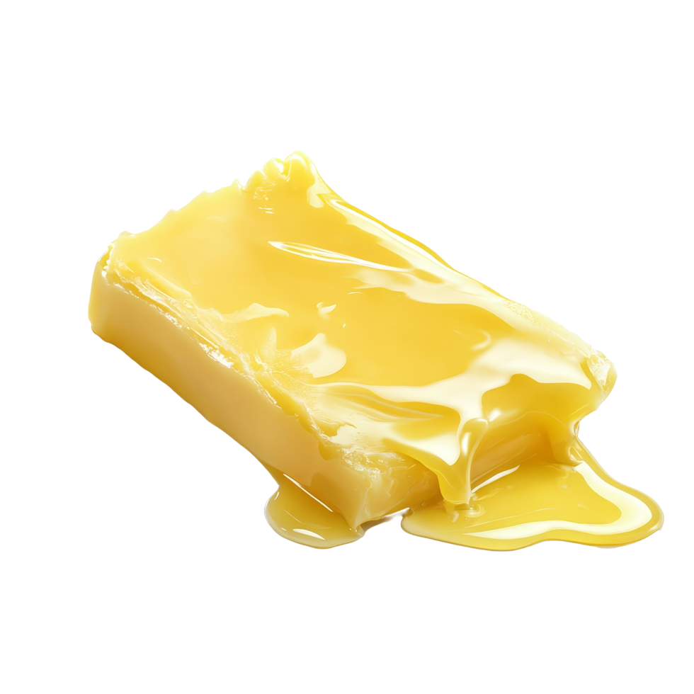 Melting butter on a clean surface, showcasing its texture and glossy appearance, A piece of melting butter isolated png