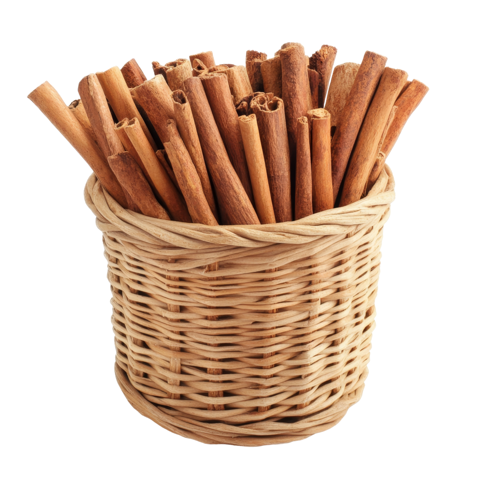 A basket filled with aromatic cinnamon sticks placed against a clean transparent background, Cinnamon in basket on transparent background png