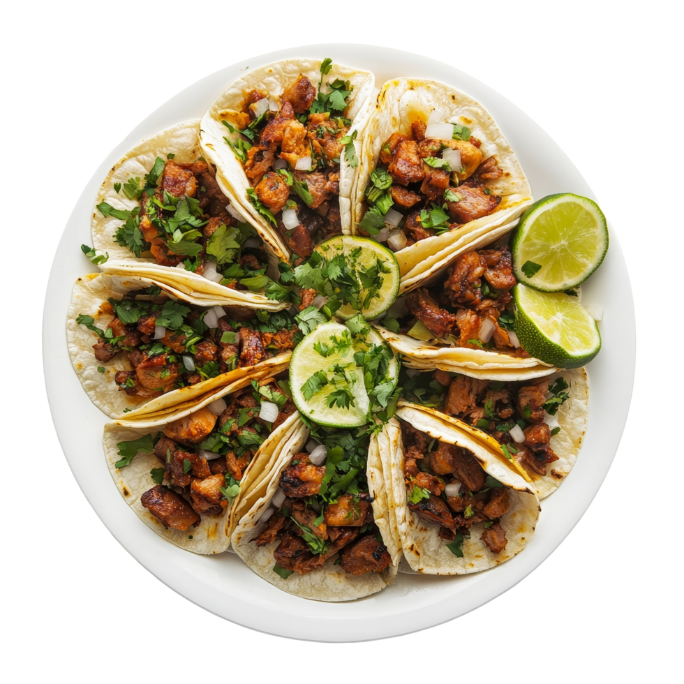 Top view of a vibrant platter of tacos al pastor garnished with fresh cilantro, onions, and lime wedges served, Top view delicious tacos al pastor food plate on a transparent background png