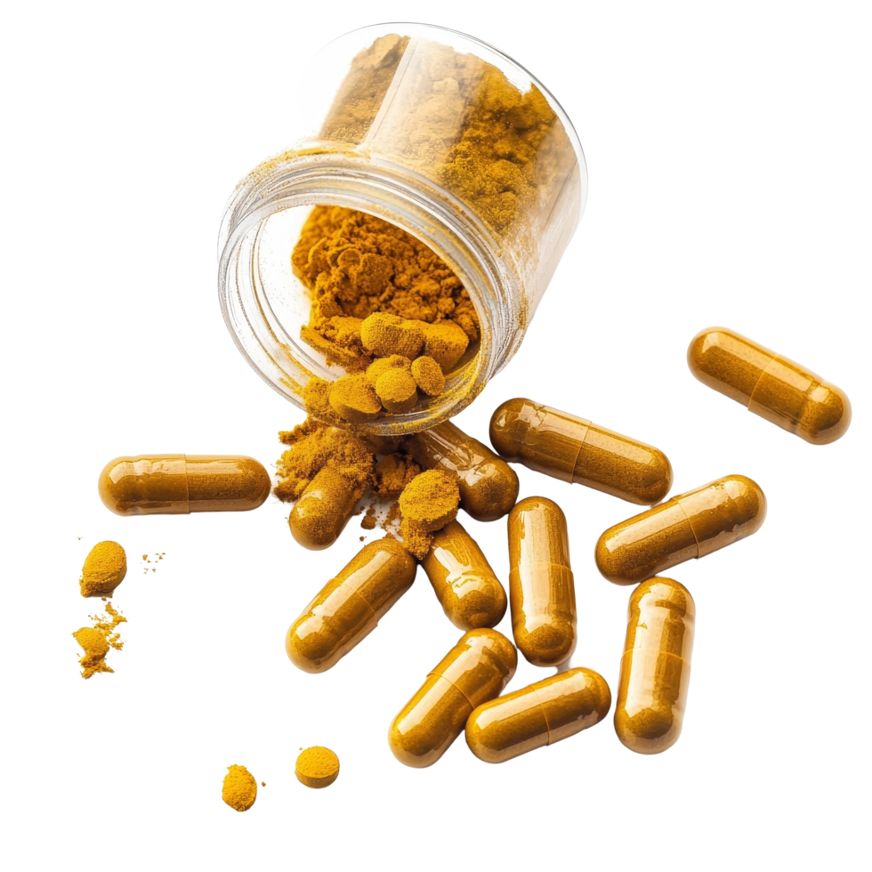 Herb turmeric capsules spilling from a jar on a clean transparent background, showcasing their vibrant color and texture, herb turmeric capsules spilling on transparent background png