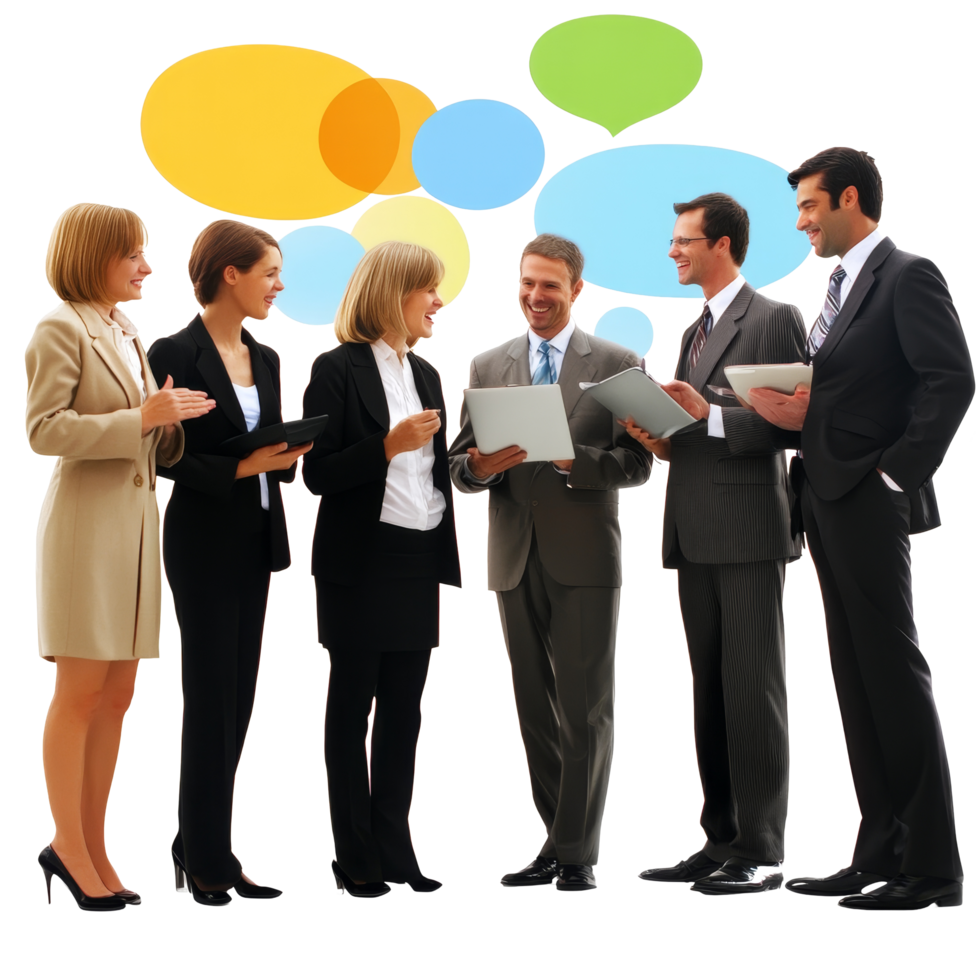 Business professionals engaged in a collaborative discussion in a modern office setting, file no background Business people talking together online png