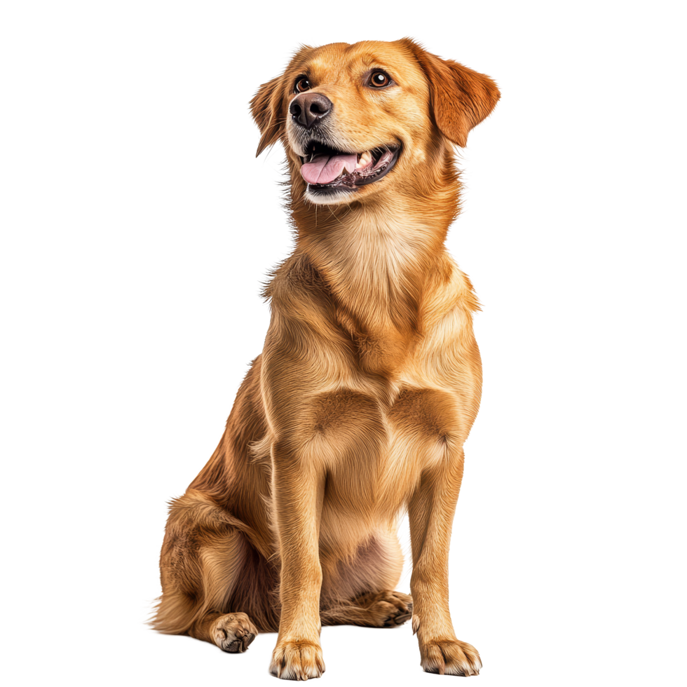 The golden retriever sits upright with a joyful expression, its tongue out, embodying happiness, dog isolated on transparent background png
