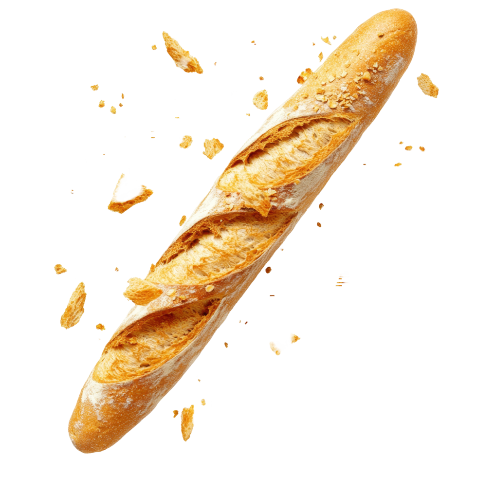 Freshly baked baguette with crispy crumbs scattered on a transparent surface, Fresh Baguette with Crispy Falling Crumbs isolated on transparent background Image png