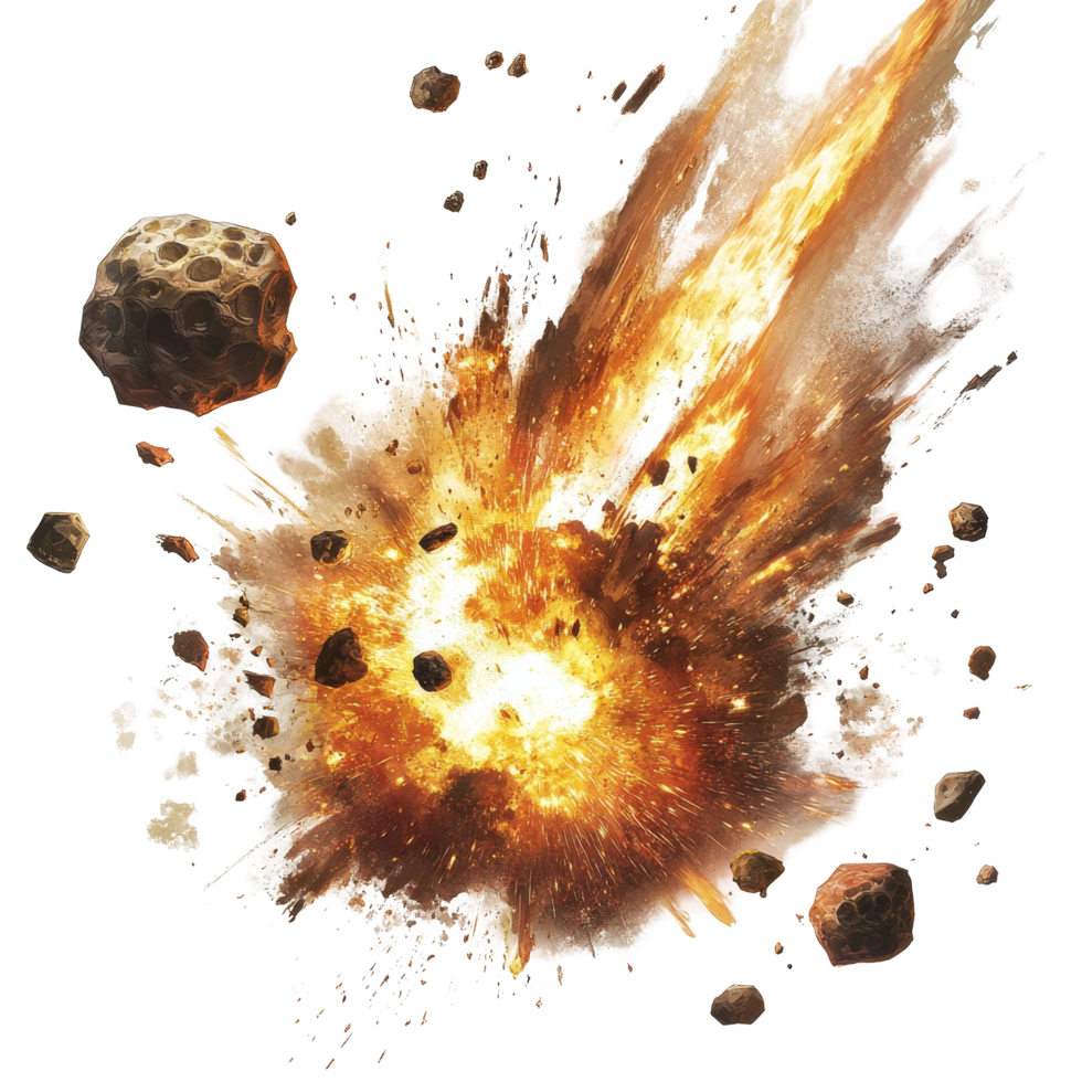 Asteroids collide with fiery explosions amidst a cosmic backdrop in outer space, Asteroids Colliding with Fiery Explosions transparent background png