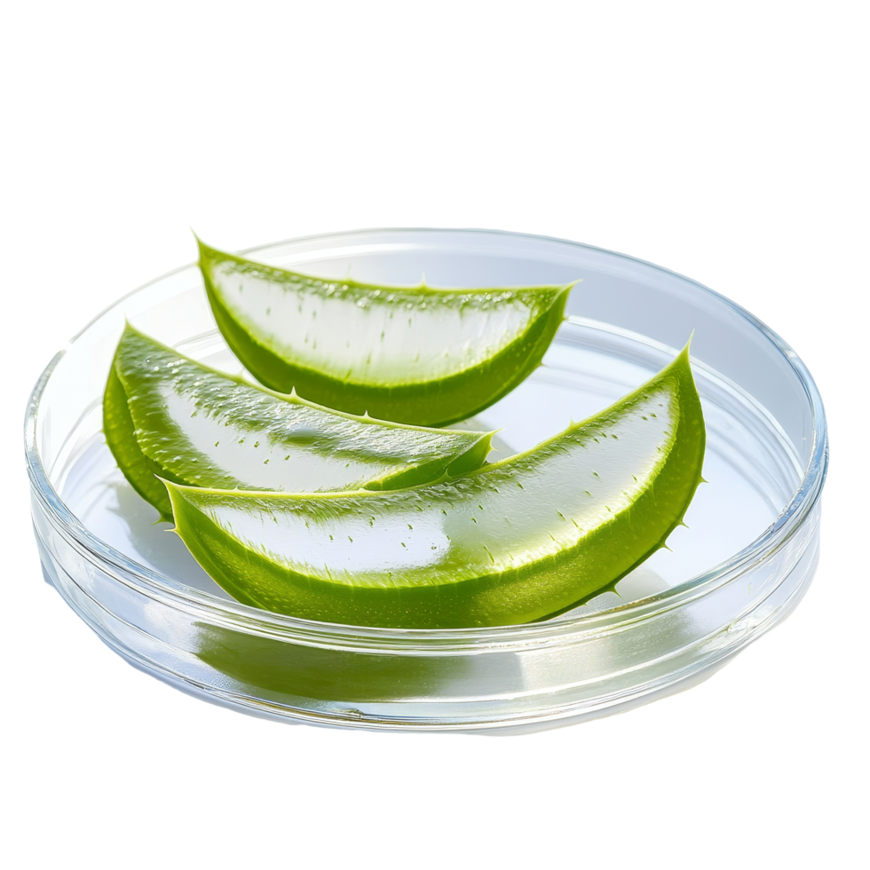 Sliced aloe vera leaves placed on petri dish showcasing essence over transparent background, Sliced aloe vera with essence on petri dish over transparent background png