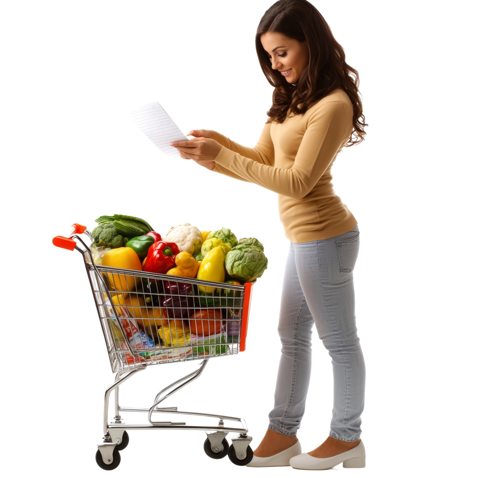 A woman checks her shopping list next to a full grocery cart in a bright and clean space, file no background Woman with full shopping cart writing a list png