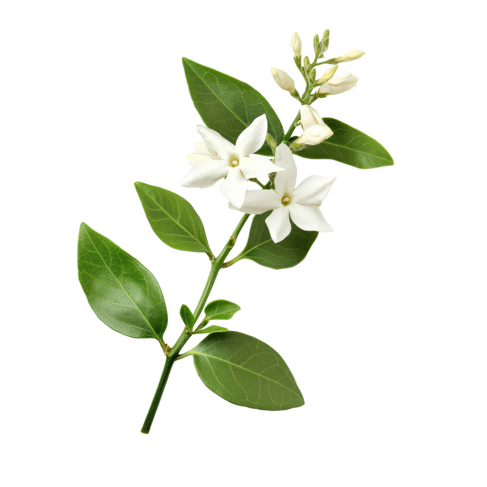 Single jasmine flower with green leaves on a transparent background, highlighting natures beauty and simplicity, Jasmine flower single stem isolated on transparent backgroud png