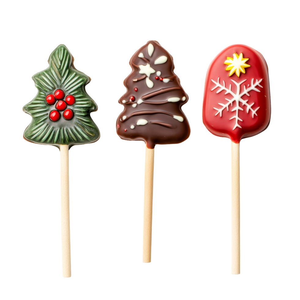 Delightful Christmas chocolate lollipops designed in festive shapes, perfect for celebrations and gifting during the holiday season, Christmas chocolate lolipops isolated on transparent background png