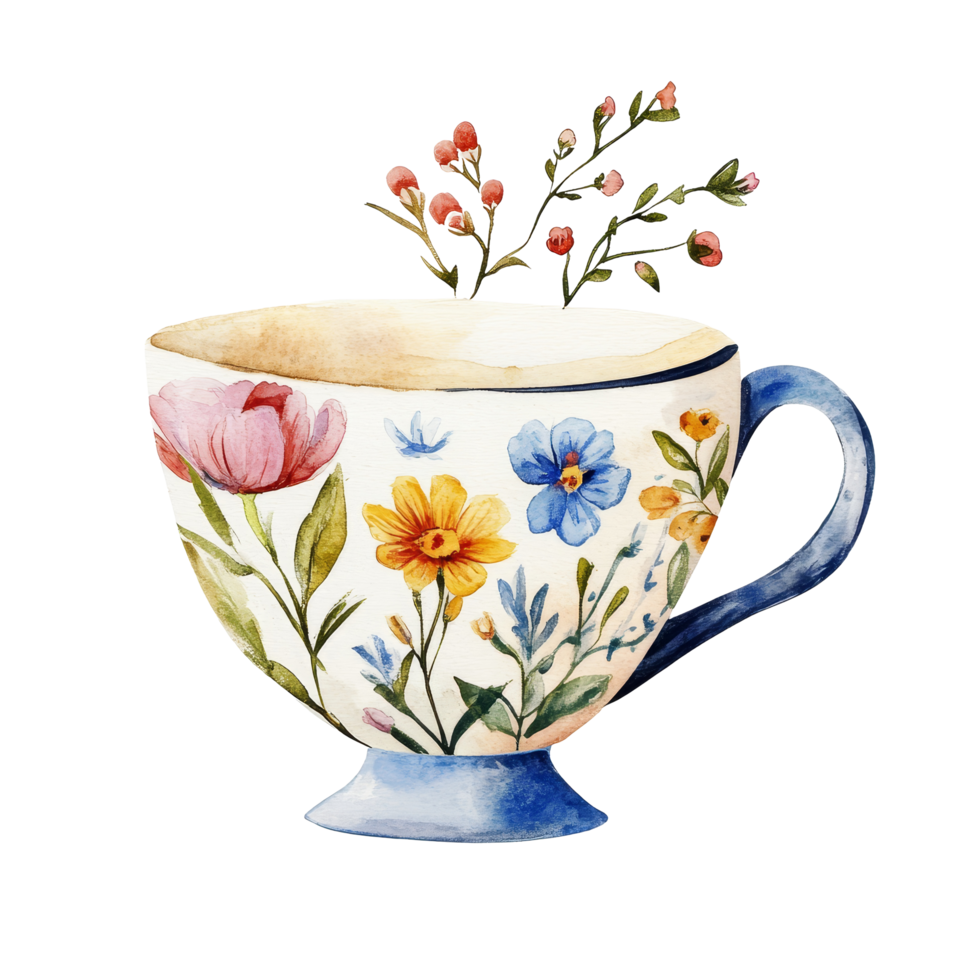 Elegant watercolor floral cup displayed on a transparent background, showcasing vibrant flowers and delicate design details, floral cup isolated on transparent background png