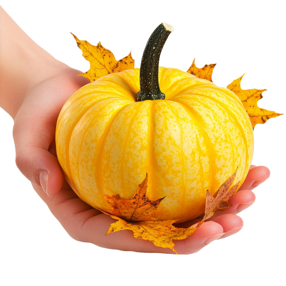 Holding a vibrant yellow pumpkin surrounded by autumn leaves in a cozy fall setting, Holding a yellow pumpkin with autumn leaves. Autumn pumpkin transparent background png