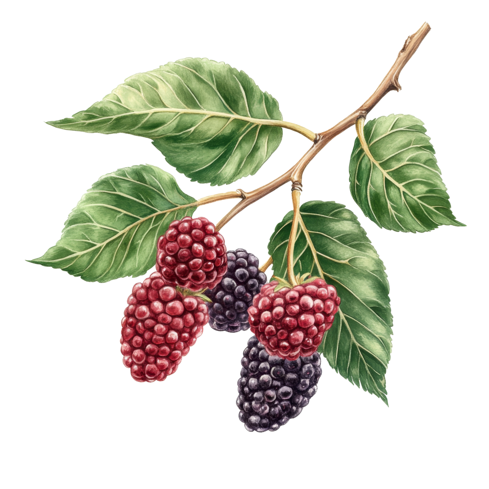 Branch of ripe mulberries with green leaves on a transparent background showcasing natures harvest, Branch of delicious Mulberry on whtie background png