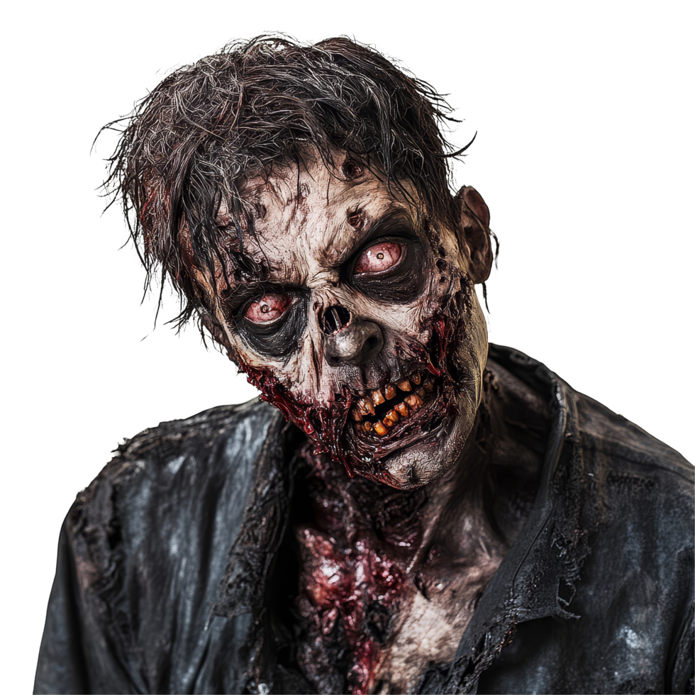 A terrifying zombie gazes directly at the camera against a stark transparent background, showcasing haunting details, Zombie facing the camera on transparent background png