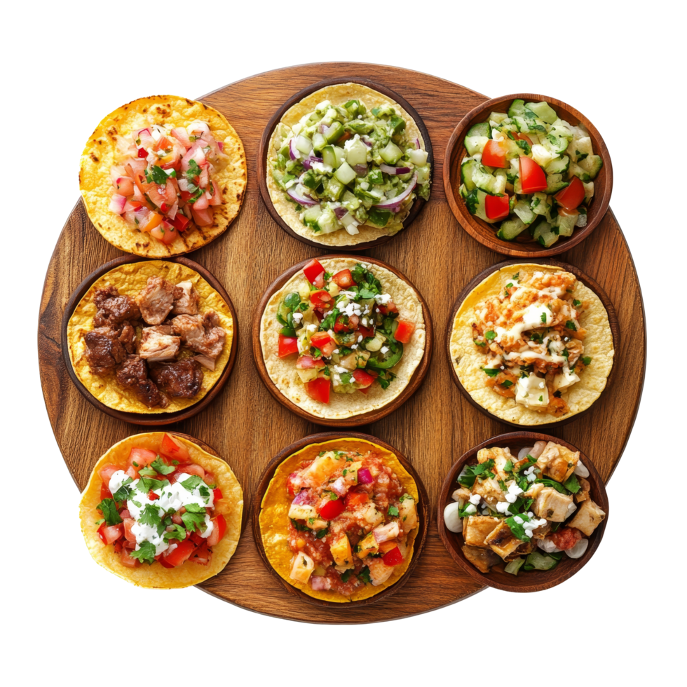 A delightful assortment of homemade tostadas served on a wooden platter with fresh toppings on a bright backdrop, Tostadas on wood plate top view isolated on transparent background png