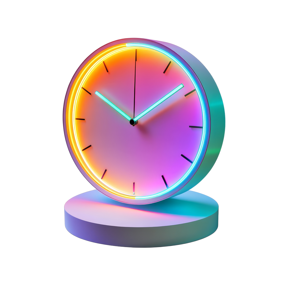 Stylish desk clock with colorful neon lighting illuminating a modern workspace at night, fashionable desk clock with neon lighting, file of isolated object with shadow on transparent background png