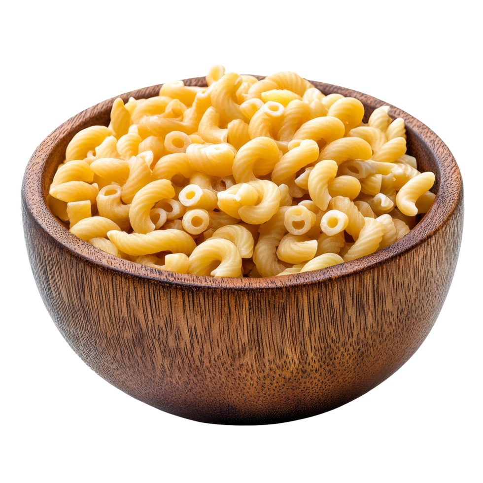 Raw macaroni in a wooden bowl isolated on a transparent background ready for cooking or crafting delicious pasta dishes, Pile of raw macaroni in wood bowl isolated on transparent background png