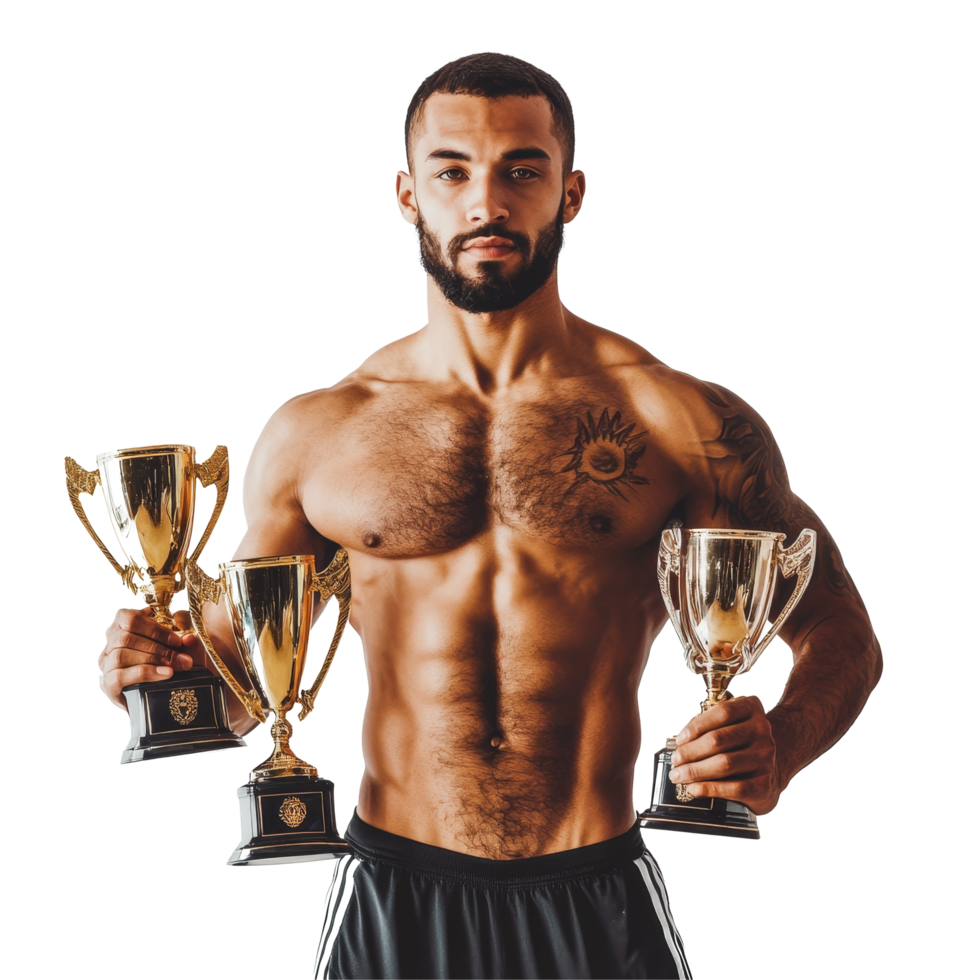 Fit male athlete proudly displays multiple trophies against a clean transparent background after a successful competition, Fit Male Athlete with Trophies on transparent background png