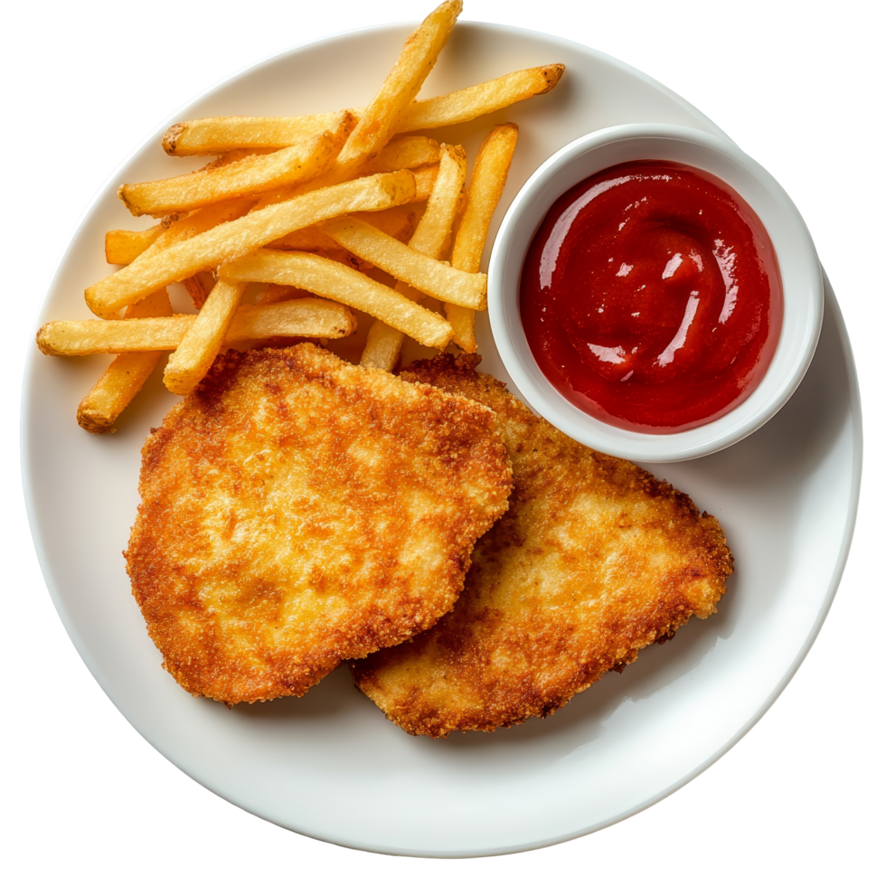 Delicious chicken schnitzels served with crispy french fries and tangy ketchup on a transparent plate, Chicken schnitzels with french fries and ketchup png