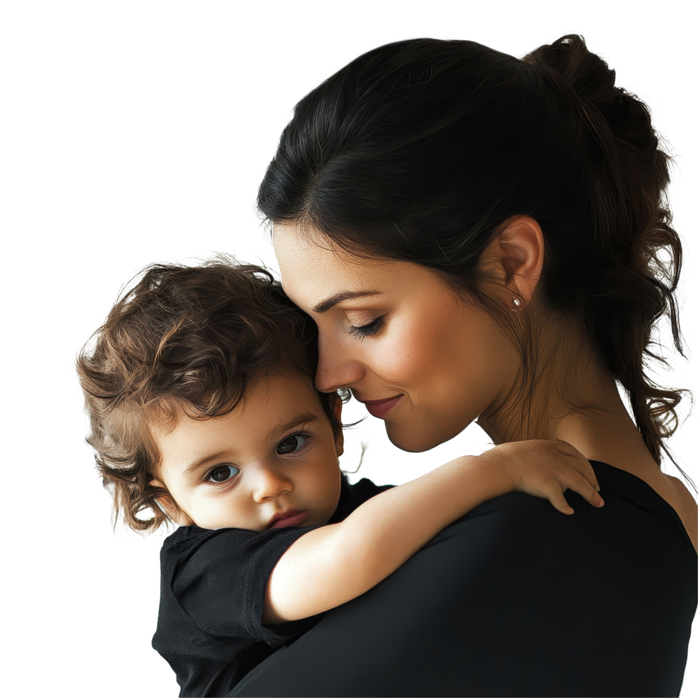 A caring mother embraces her toddler lovingly against a simple transparent background, capturing a tender moment of connection, Mother Holding Toddler Lovingly on transparent background png