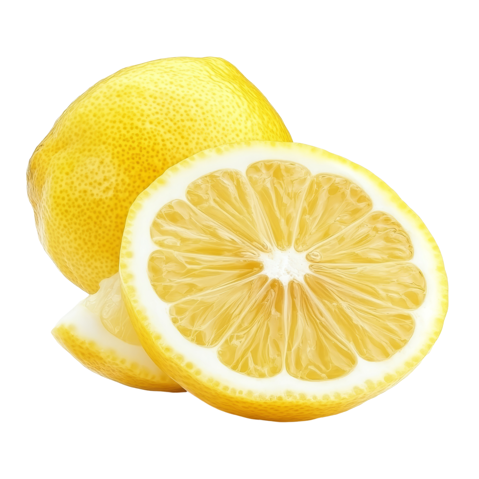Fresh lemon and a halfcut slice isolated on a bright transparent background showcasing its vibrant color and texture, Lemon and cut half slice isolated on transparent background png