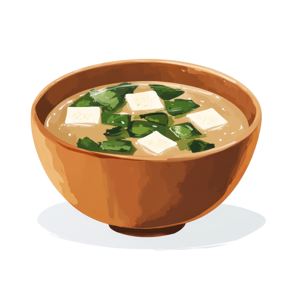 Miso soup garnished with tofu and green onions in a wooden bowl on a transparent background, Miso soup on bowl transparent background png