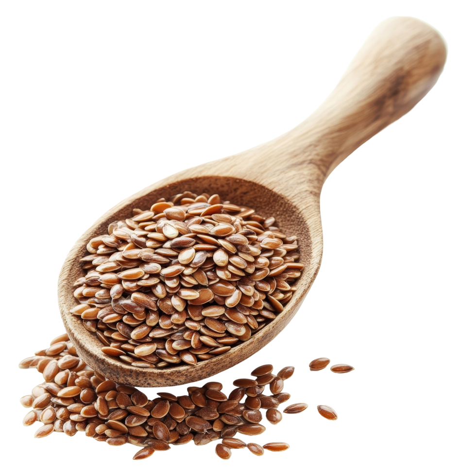 A wooden spoon filled with a heap of flax seeds resting against a transparent background for healthy nutrition, Flax seeds heap in wood spoon on transparent background png
