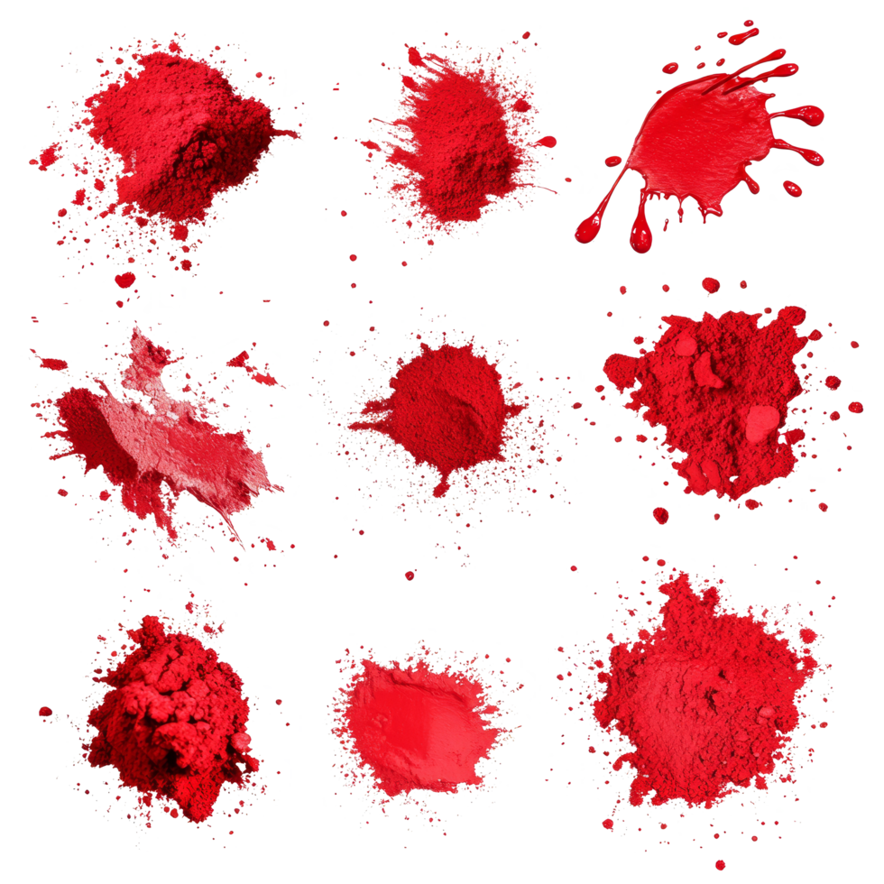 Vibrant red paint powder splashes creating an artistic display on a plain transparent background, Red paint powder splashes on transparent background png