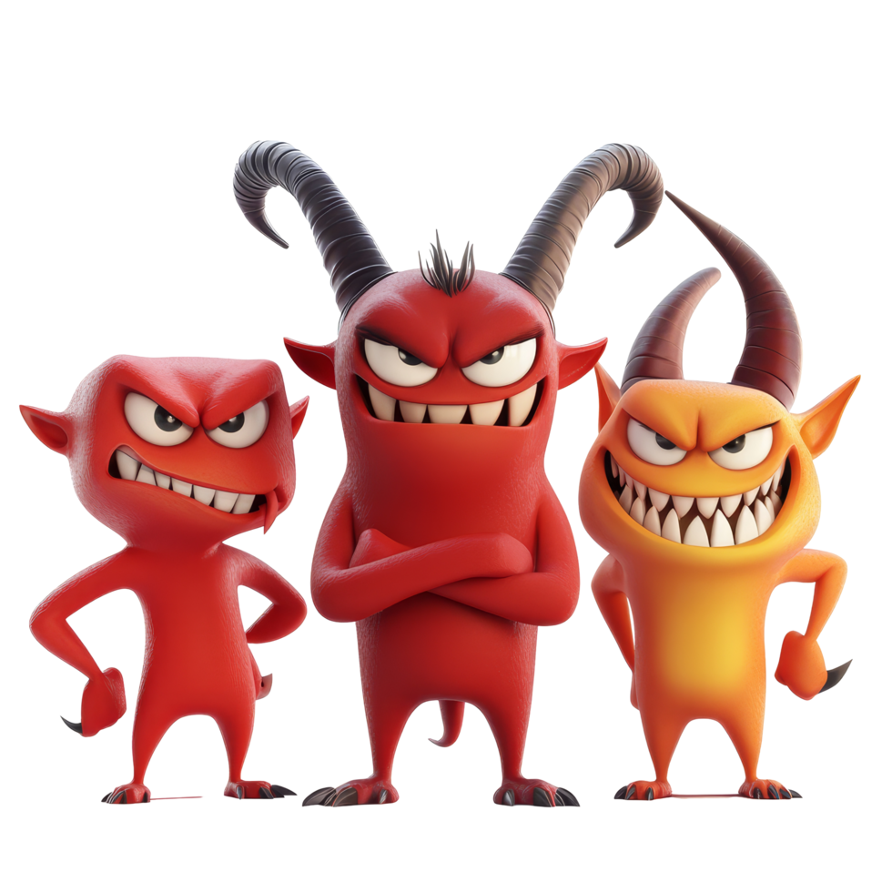 Cartoon devil characters in vibrant colors standing together on a transparent background, 3D Cartoon Devil Characters on transparent background png