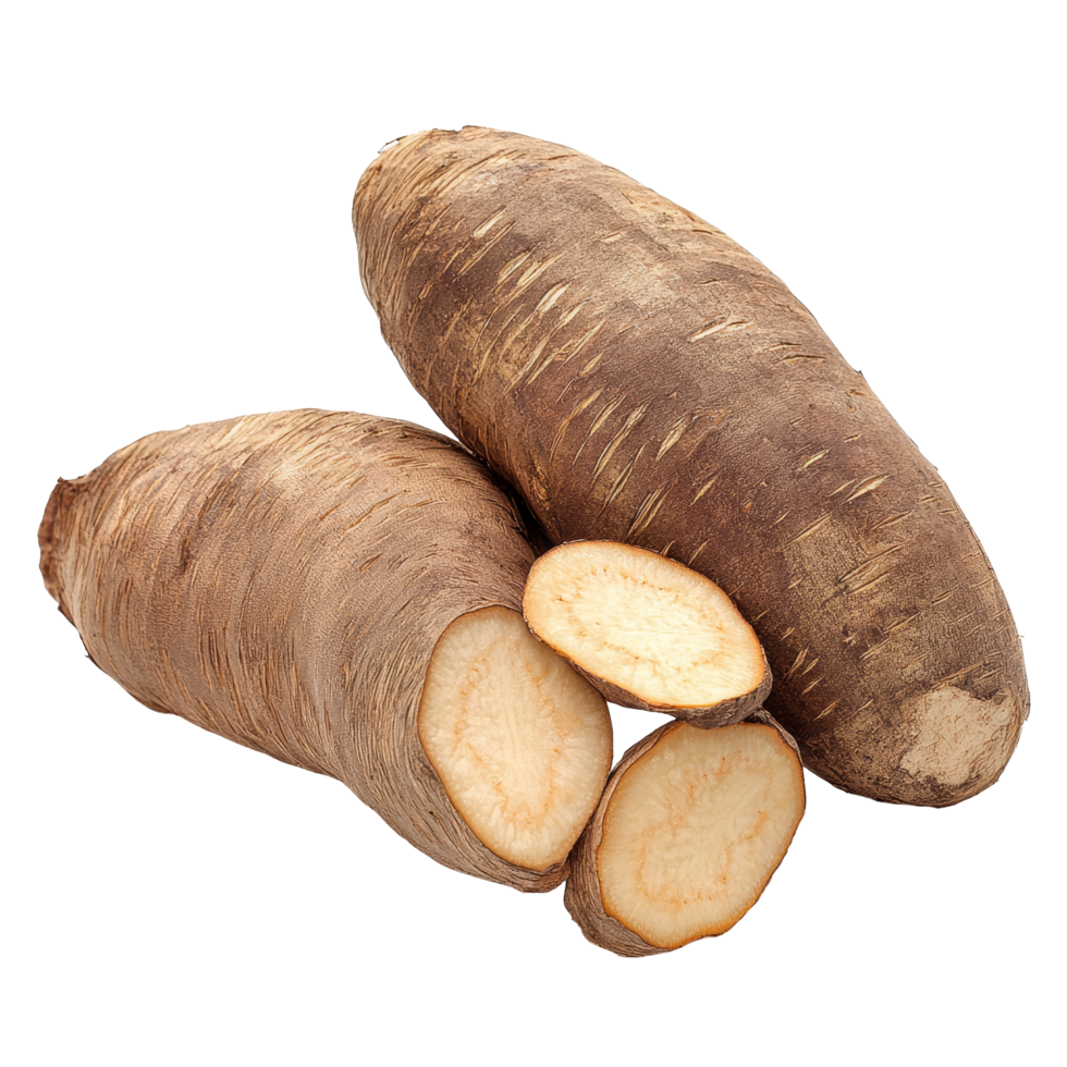 Encountering the unique textures of fresh Chinese yam displayed on a clean transparent background during a food photography session, Chinese yam on transparent background png