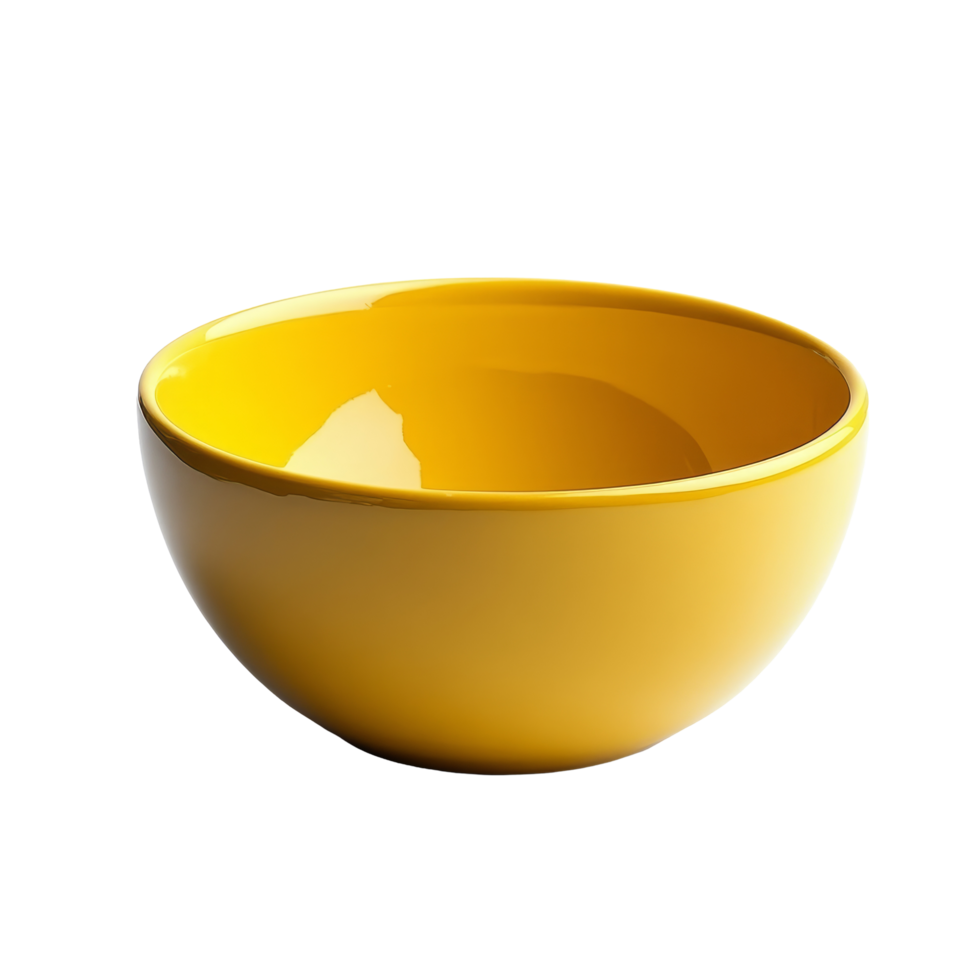 Bright yellow ceramic bowl on a clean transparent background, perfect for serving or display in home decor, yellow ceramnic bowl on transparent background png