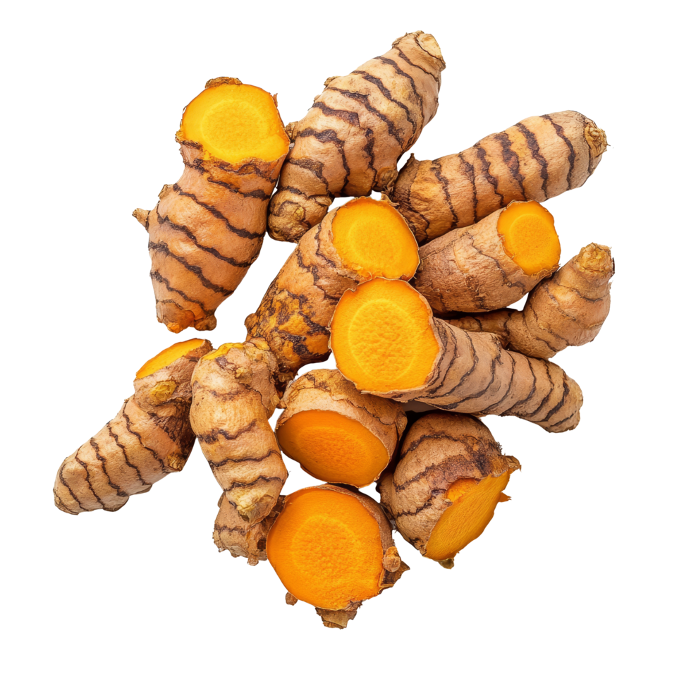 Fresh turmeric roots isolated against a clean transparent background showcasing their vibrant orange interior, Turmeric isolated on transparent background png
