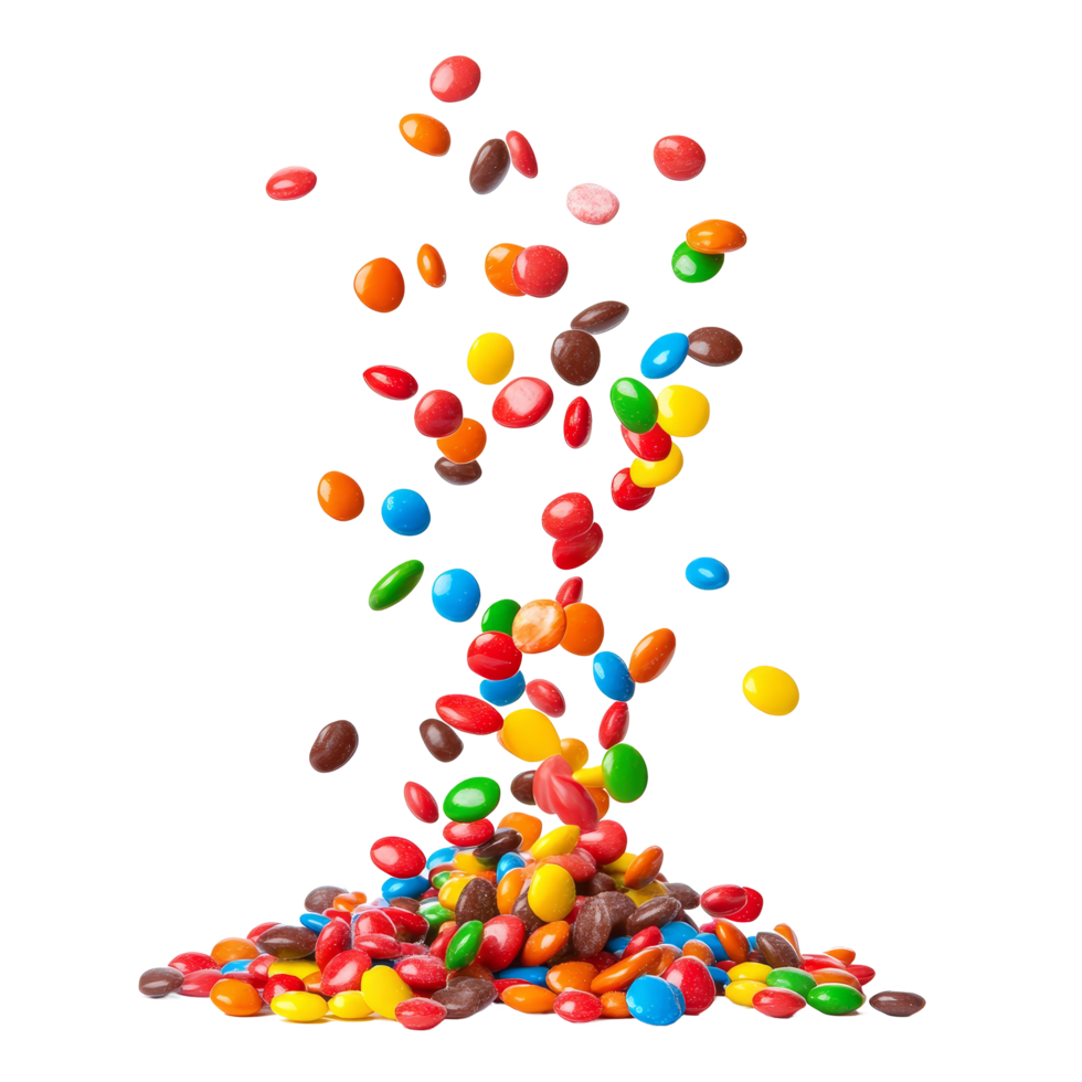 Colorful candies in a vibrant cascade falling on a transparent background creating a playful and cheerful display, colorful candies falling isolated on transparent background png