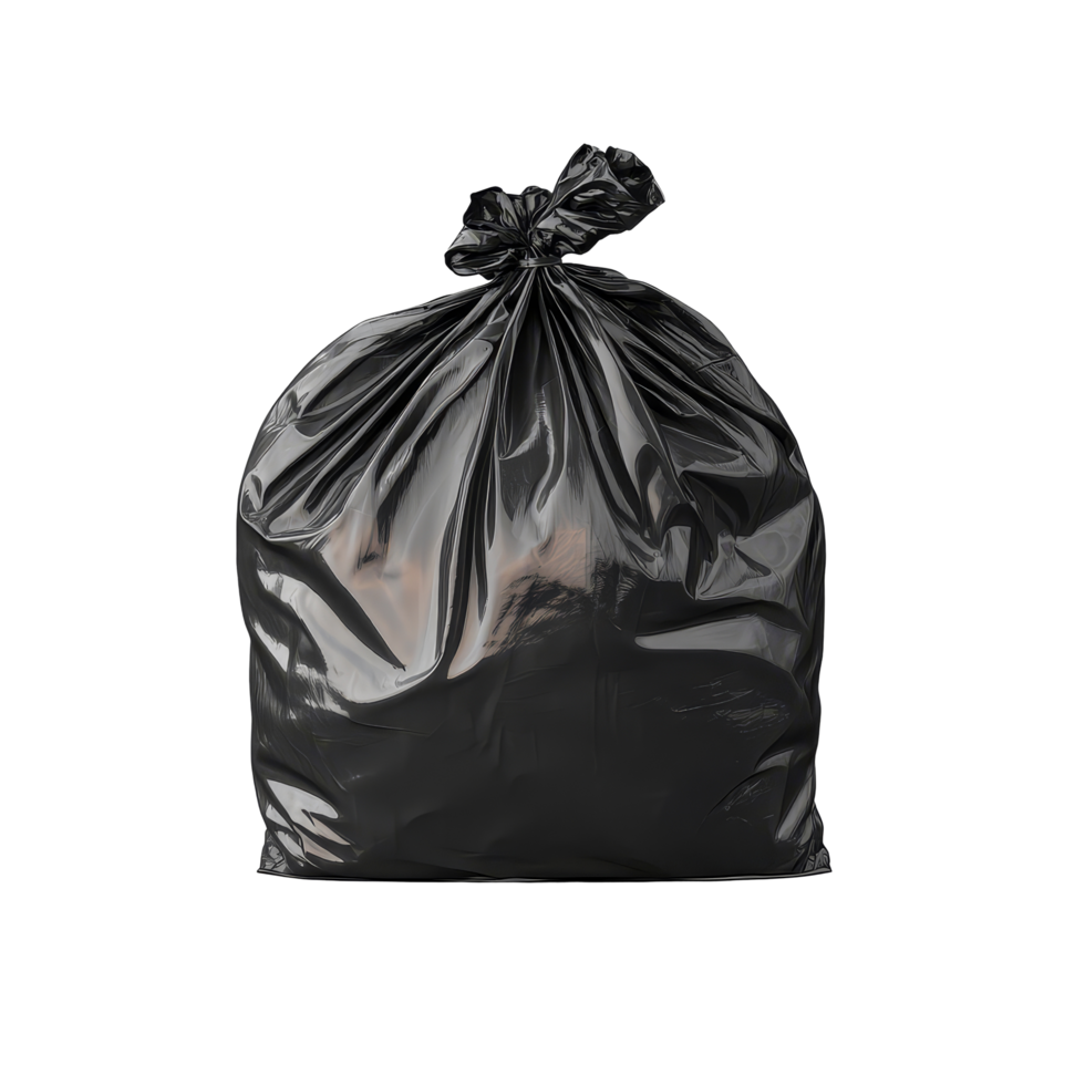 A black garbage bag isolated on a clean transparent background for waste collection and disposal purposes, Black Garbage Bag isolated on transparent background png