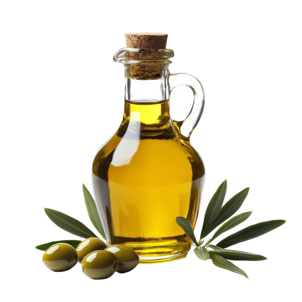 Fresh olive oil in a clear glass bottle with cork, garnished with olives and olive leaves on a transparent background, Olive oil in a glass bottle isolated png