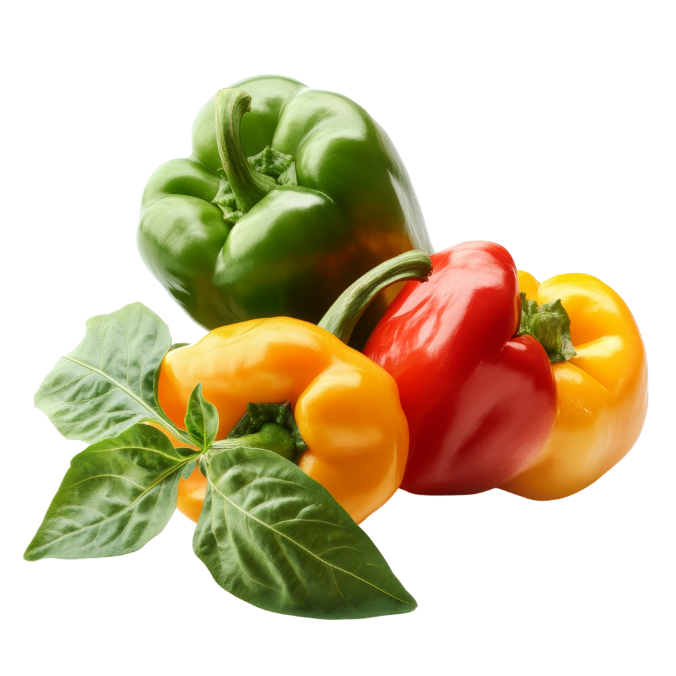 Freshly picked green, red, and yellow peppers with basil leaves on a clean transparent background, fresh peppers and leaf on transparent background png