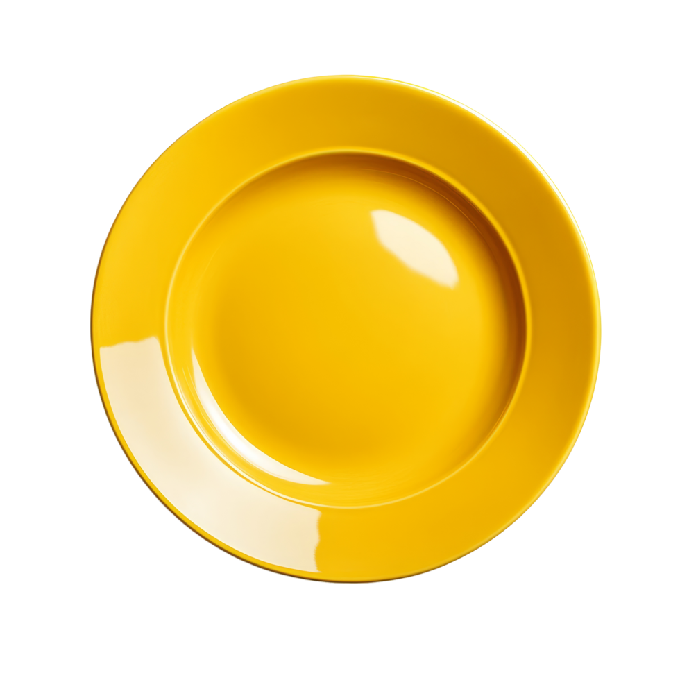 A bright yellow empty plate rests on a clean transparent background, ready for a delicious meal at any time, yellow empty plate on transparent background png