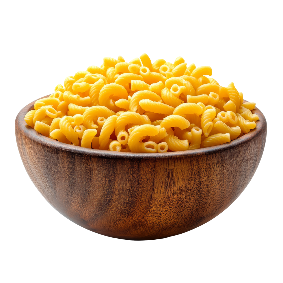 A rustic wooden bowl filled with macaroni pasta against a clean transparent background, macaroni in wood bowl on transparent background png