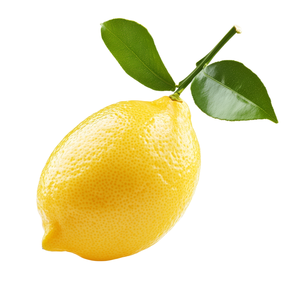 Fresh lemon with green leaves isolated on a clean transparent background displaying its vibrant yellow color, lemon isolated on transparent background png