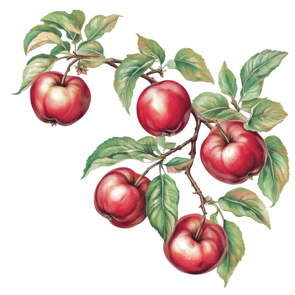 Delicious apples hanging from a branch with vibrant green leaves on a transparent background, Branch of delicious apples on whtie background cutouts png