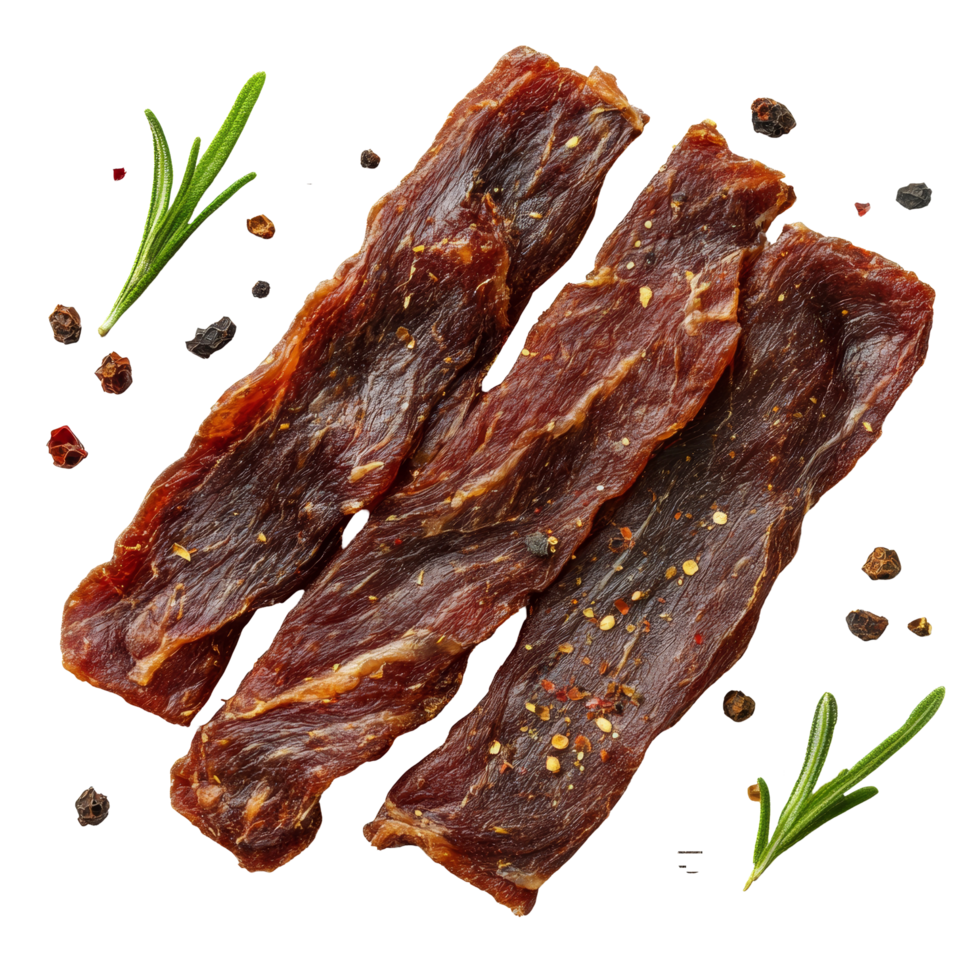 Dried meat strips with spices on a transparent background perfect for snacking or culinary use, dried meat strips isolated on transparent background png