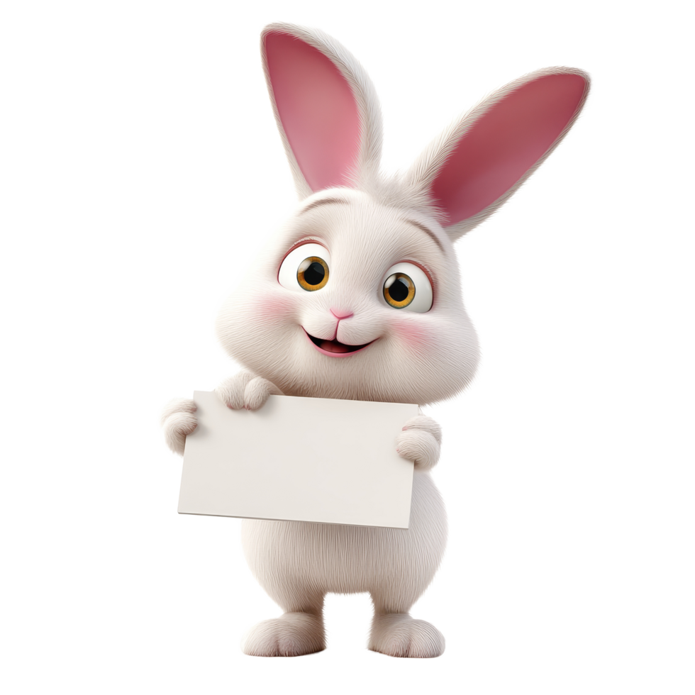 Cute Easter bunny cartoon character holding a blank sign with a cheerful expression, ready for spring celebrations, Cute Easter Bunny 3D Cartoon Characters with Sign on transparent background png
