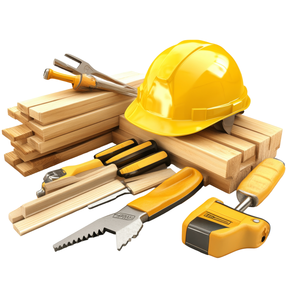 Carpentry tools and safety helmet arranged with wooden planks in a workshop during daylight hours, Carpentry tools with safety helmet png