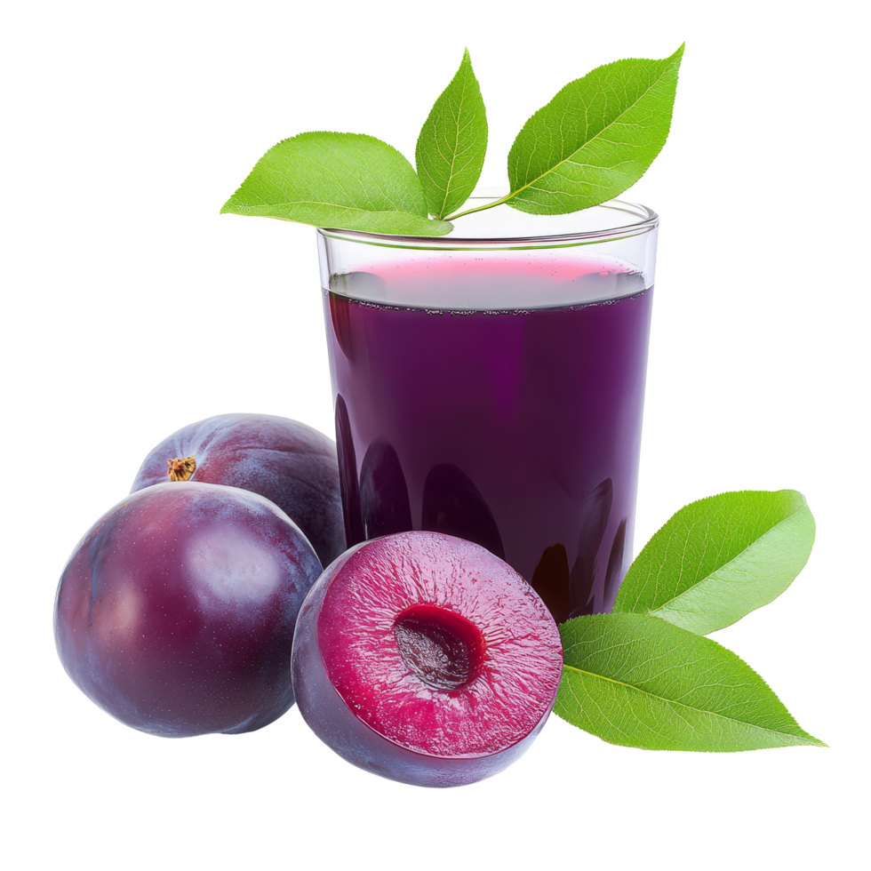 Refreshing Marian plum juice with fresh fruits isolated on transparent background, highlighting vibrant colors and textures, Marian plum juice and fruit isolation transparent background png