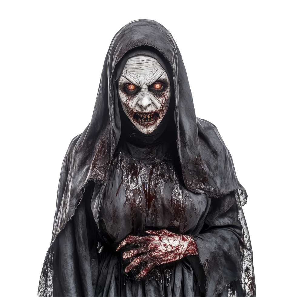 Sinister figure of a terrifying, bloody evil nun standing isolated against a plain background, evoking fear, Terrifying Bloody Evil Nun Sinister Figure Isolated on transparent background Halloween png