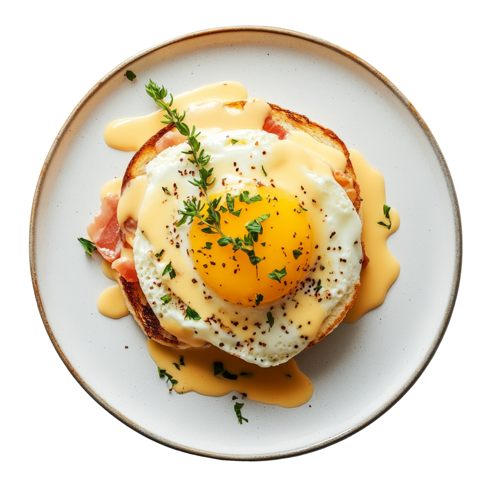 Delicious homemade egg benedict served on a plate with buttery hollandaise sauce and fresh herbs, egg benedict on plate isolated on transparent background png