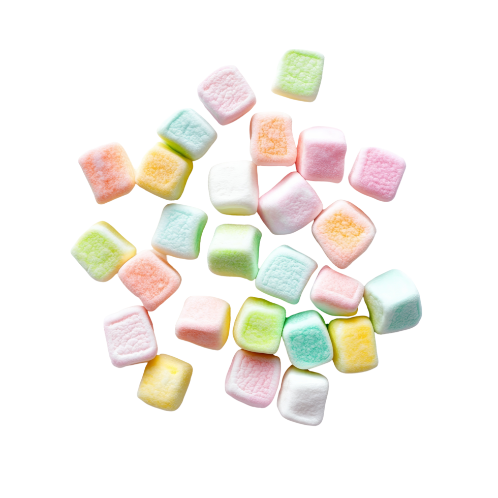 Colorful mini marshmallows arranged on a transparent background showcasing their vibrant hues and playful shapes for a delightful sweet treat, Colorful mini marshmallows isolated on transparent png