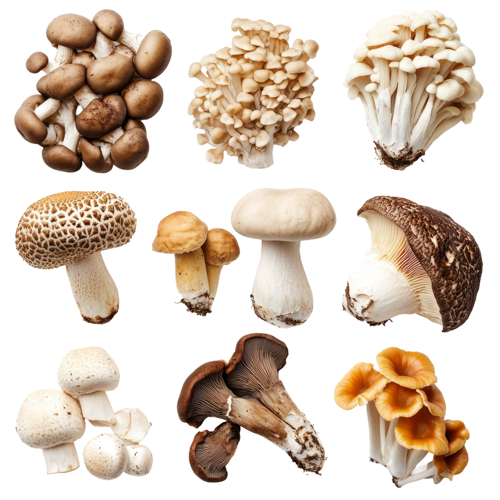 A colorful assortment of various mushrooms including porcini and shiitake on a clean transparent surface, Various Mushrooms on transparent background Porcini, Shiitake, Fly Agaric, Morel png