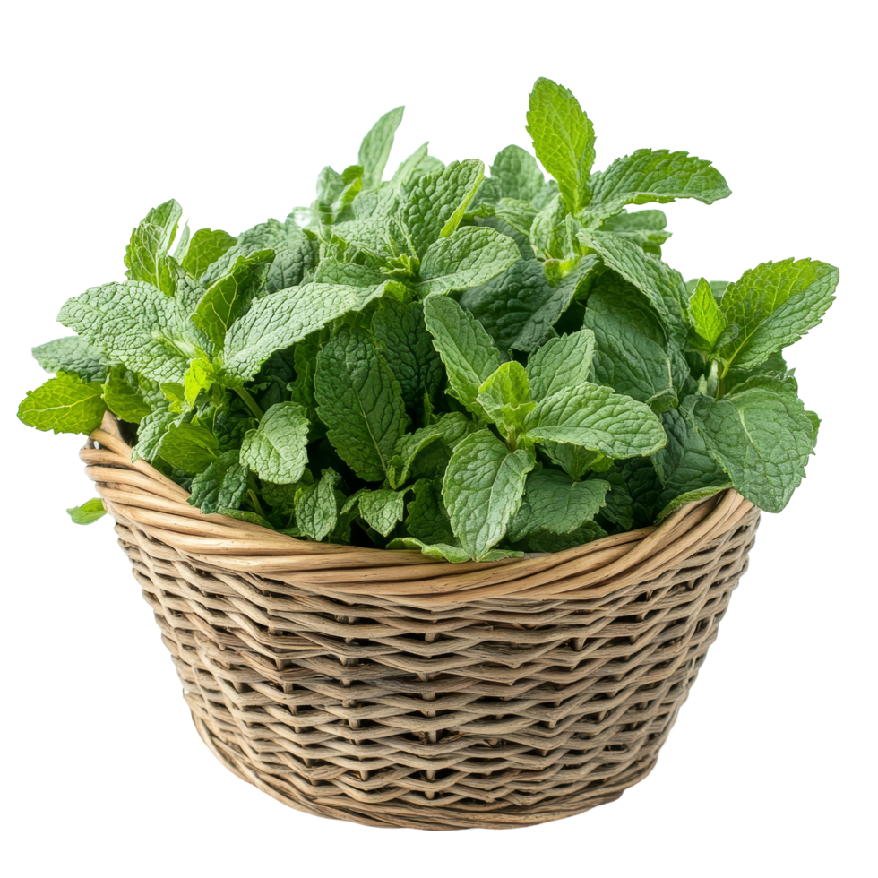 Fresh mint leaves in a woven basket on a clean transparent background for culinary use and decoration, mint leaf in the basket on transparent background png