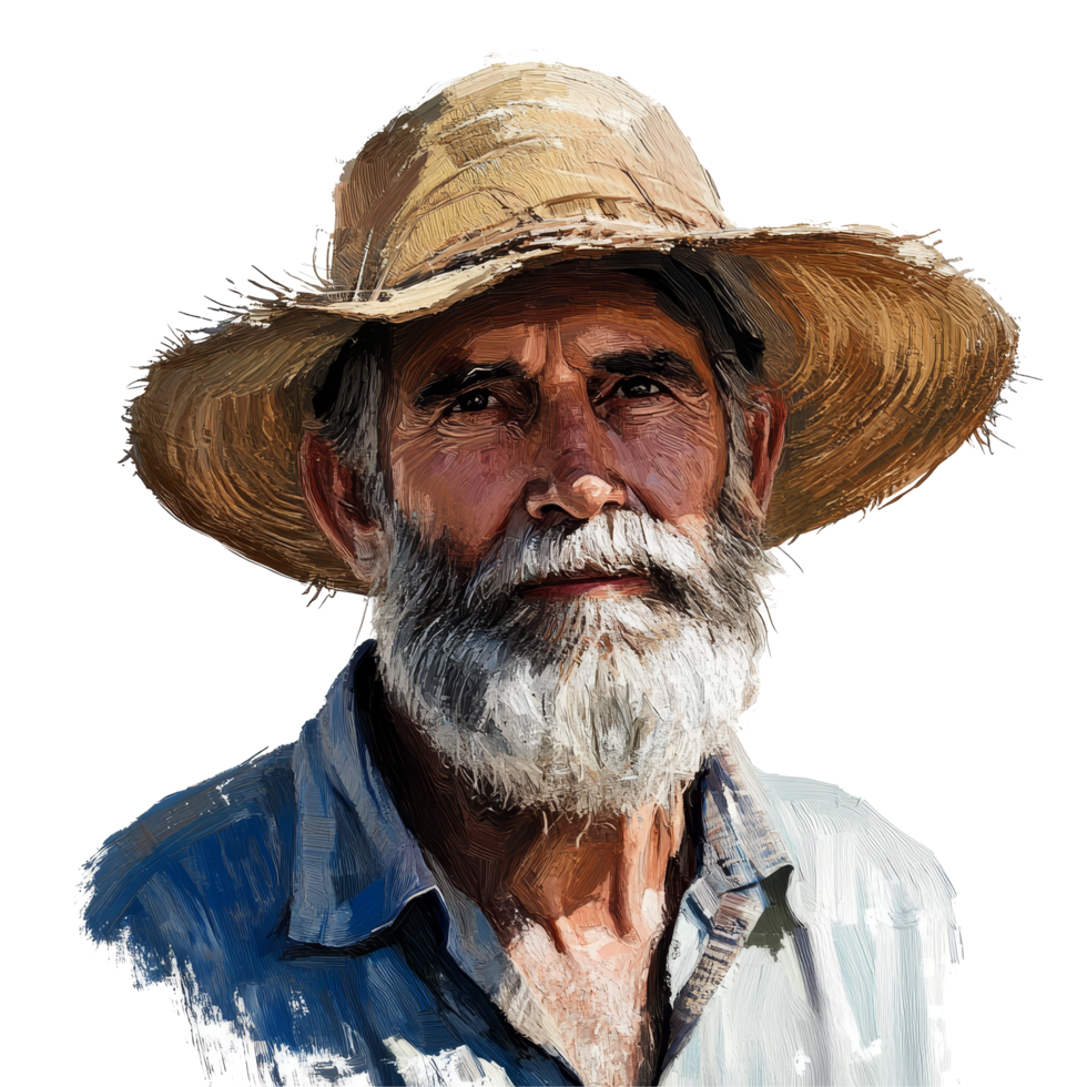 Portrait of a wise old farmer with a straw hat and a thoughtful expression on a bright transparent background, Wise Old Farmer Portrait on transparent background png