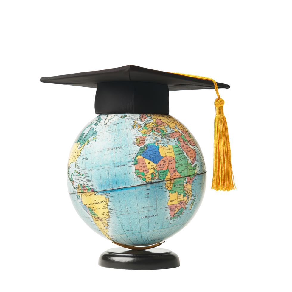 Graduation globe with mortarboard displayed on a plain transparent background to symbolize global education and achievement, Graduated Globe with Mortarboard on transparent background Global Education png