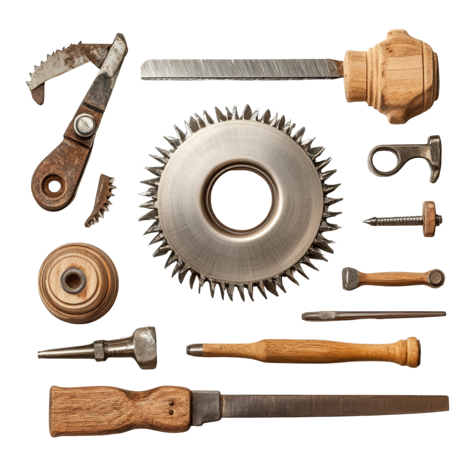 A collection of assorted woodworking tools and a circular saw blade arranged neatly on a transparent background, Saw blade with work tools isolated png